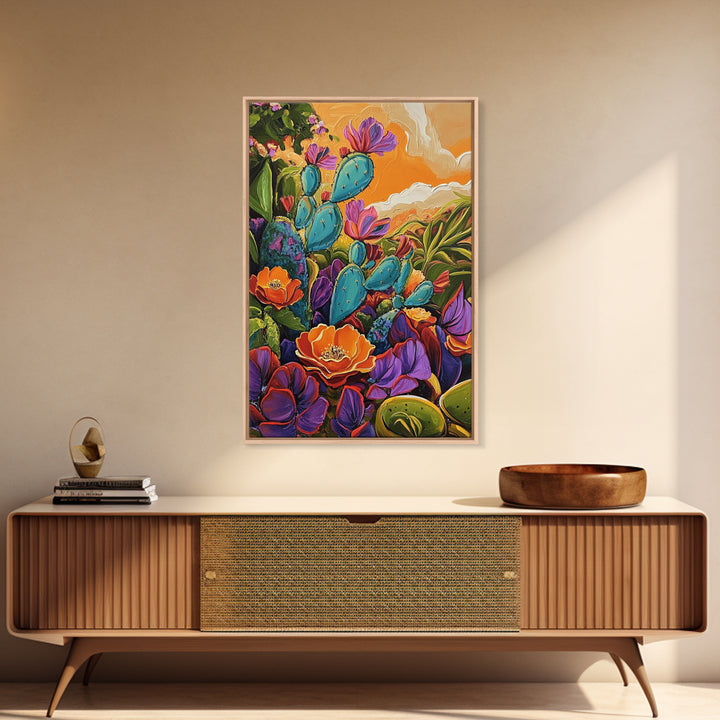 Prickly Wildflowers, Cactus, Garden, Framed Canvas Print floral cactus art, vibrant botanical painting, nature decor, desert boho living room