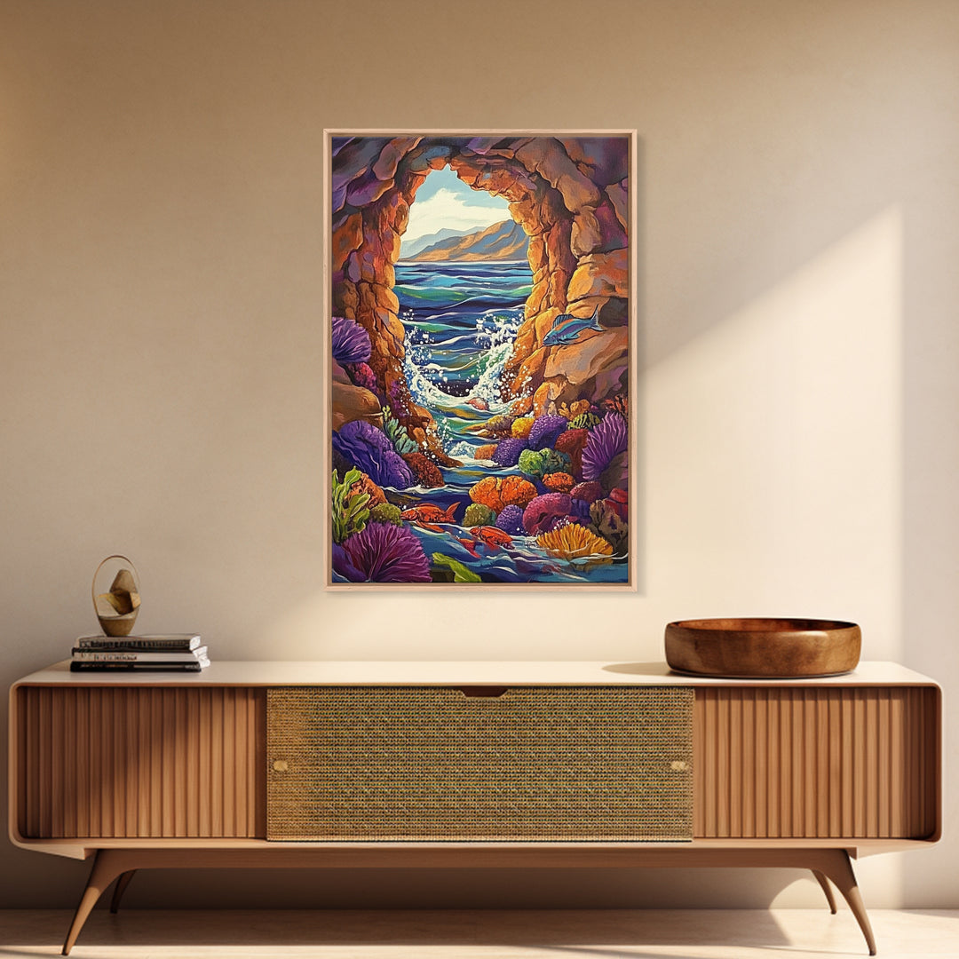 Ocean Cave Window, Underwater Scene, Marine Life, Coral Reef, Framed Canvas Print, Bathroom Wall Art, Coastal Decor, Nautical Art