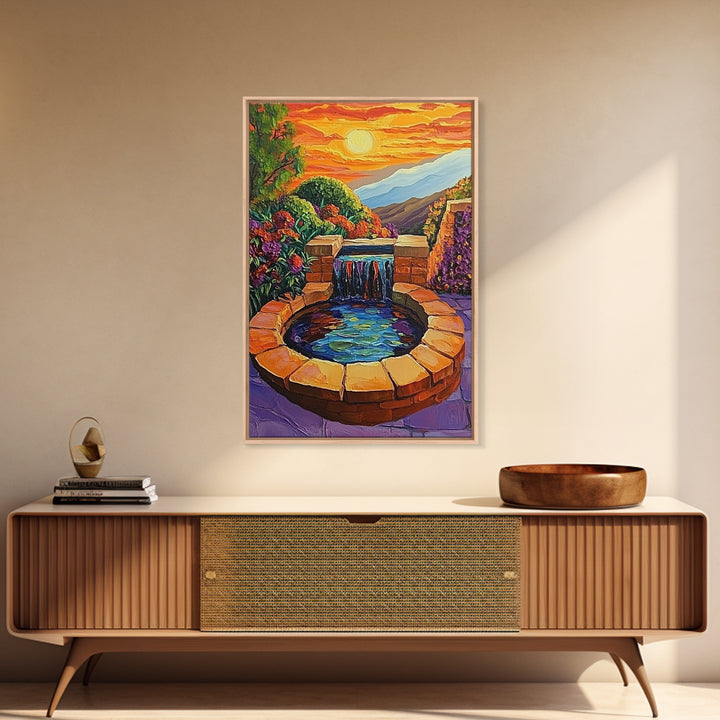 Brick Fountain Sunset, Peaceful Garden Oasis, Warm Tones, Autumn Wall Art, Framed Canvas Print, Serene Patio or Hallway Decor