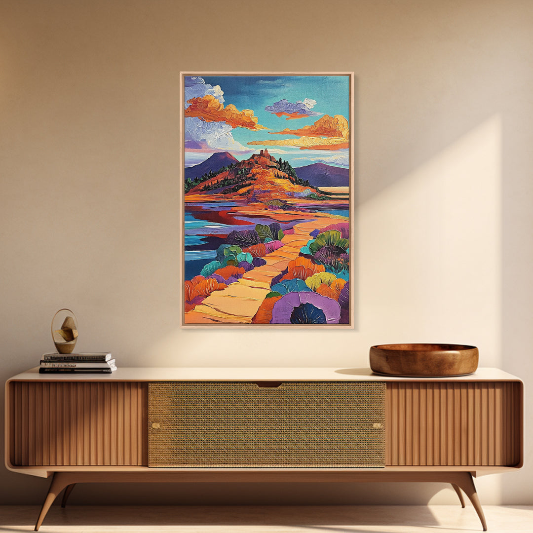 Desert Pathway Painting, Vibrant Mountain Scene, Colorful Earthy Art, Framed Canvas Print, Rustic Hallway Wall Art, Fall Colors