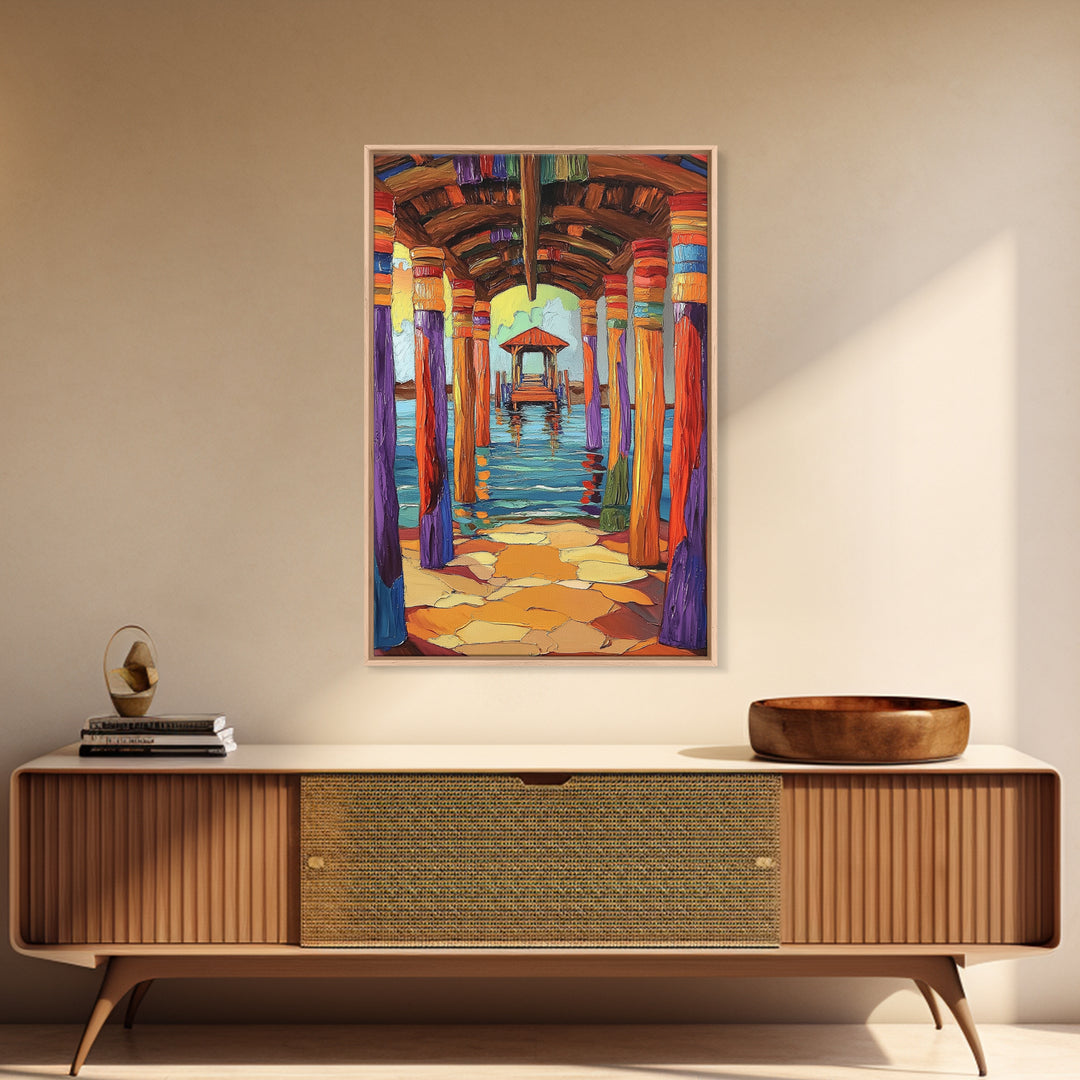 Dock Walkway, Tropical Pier, Ocean View, Beach Art, Framed Canvas Print coastal home decor, hallway wall art, vibrant nautical painting