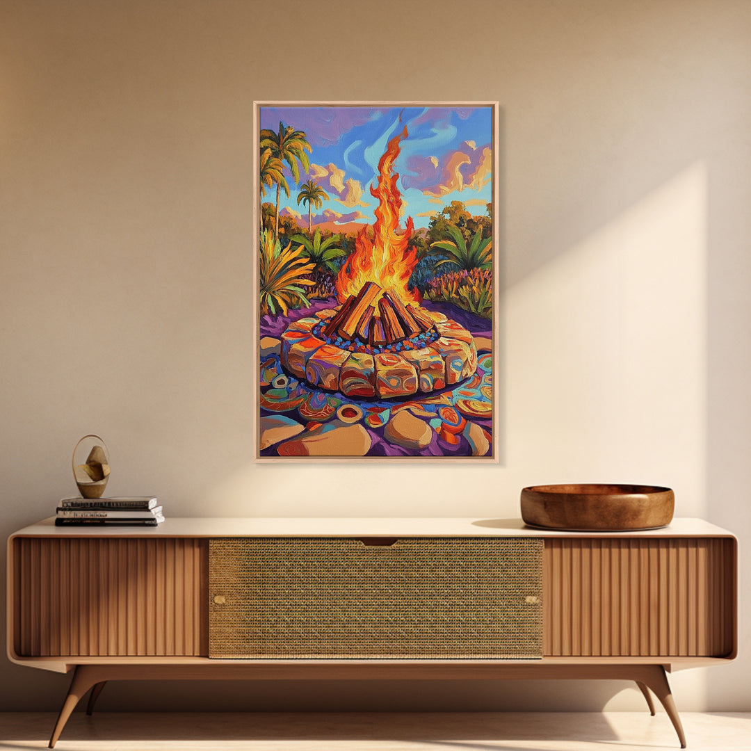 Campfire Palm Trees, Flame, Sunset, Framed Canvas Print tropical bonfire art, cozy fire pit painting, Fall decor, outdoor living room wall art
