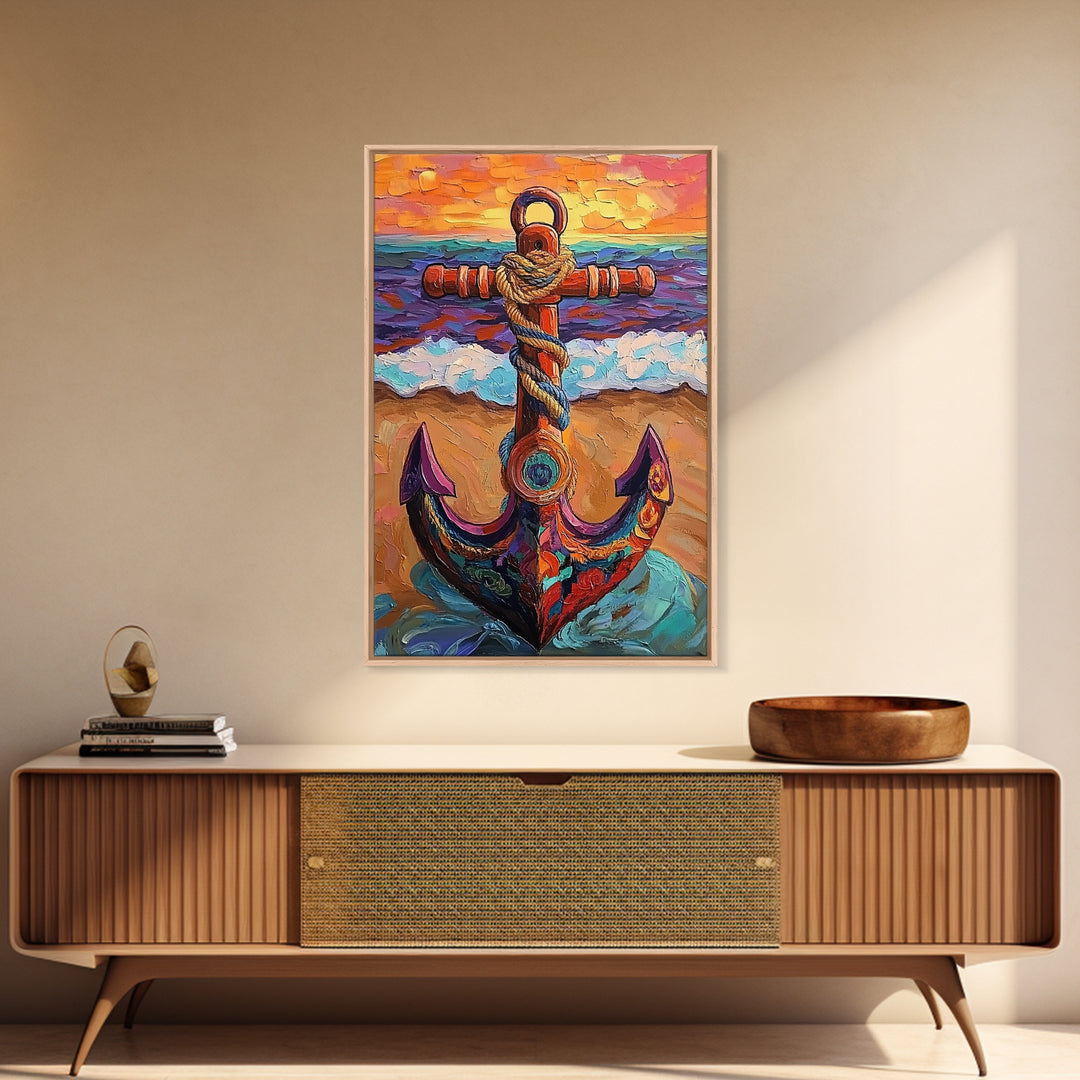 Nautical Anchor, Sunset, Coastal, Framed Canvas Print, ocean sunset art, beach house decor, rustic nautical theme, Living Room or Office
