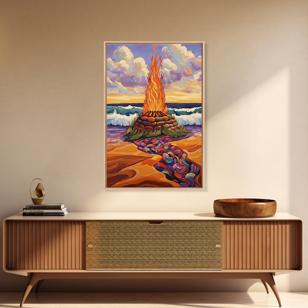 Bonfire Beach, Twilight, Ocean, Framed Canvas Print fire pit artwork, vibrant beach decor, ocean waves and flames, Fall living room wall art