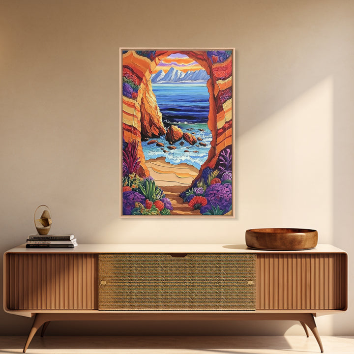 Coastal Archway, Ocean, Escape, Framed Canvas Print bold beach cave painting vivid seascape arch view boho tropical living room wall decor
