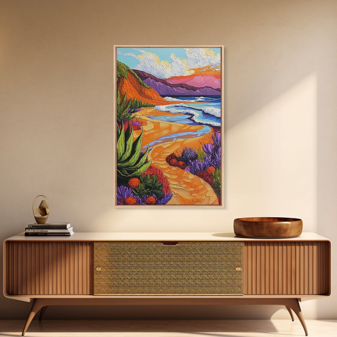 Beach Path, Sunset, Bliss, Canvas Print, tropical beach decor, bold wall art, coastal boho artwork, vibrant summer vibes, Bathroom or Hallway