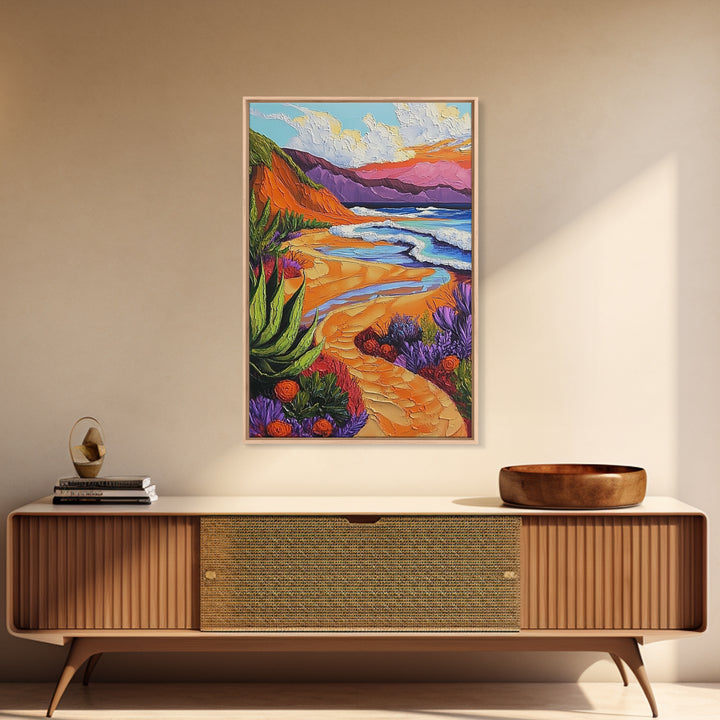 Beach Path, Sunset, Bliss, Canvas Print, tropical beach decor, bold wall art, coastal boho artwork, vibrant summer vibes, Bathroom or Hallway