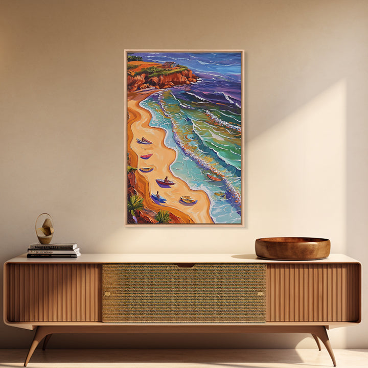 Beach Waves, Boats, Aerial Coastal Landscape, Framed Canvas Print, Boho Ocean Art, Bathroom Wall Decor, Vibrant Nautical Artwork
