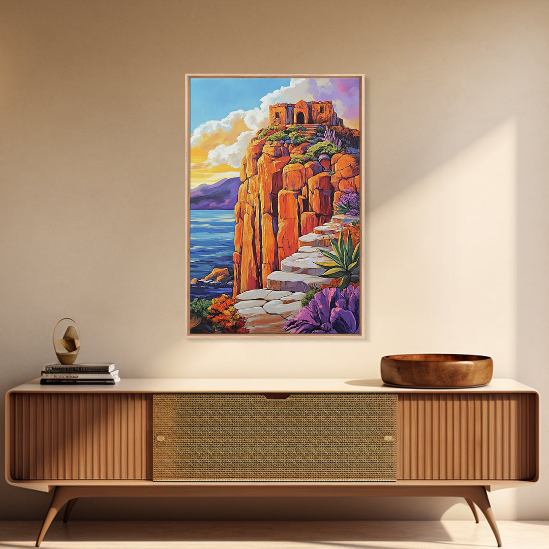 Cliffside Ruins, Ocean, Sunset Ancient Fortress Art, Framed Canvas Print, Dramatic Living Room Wall Decor, Southwest Adventure Style