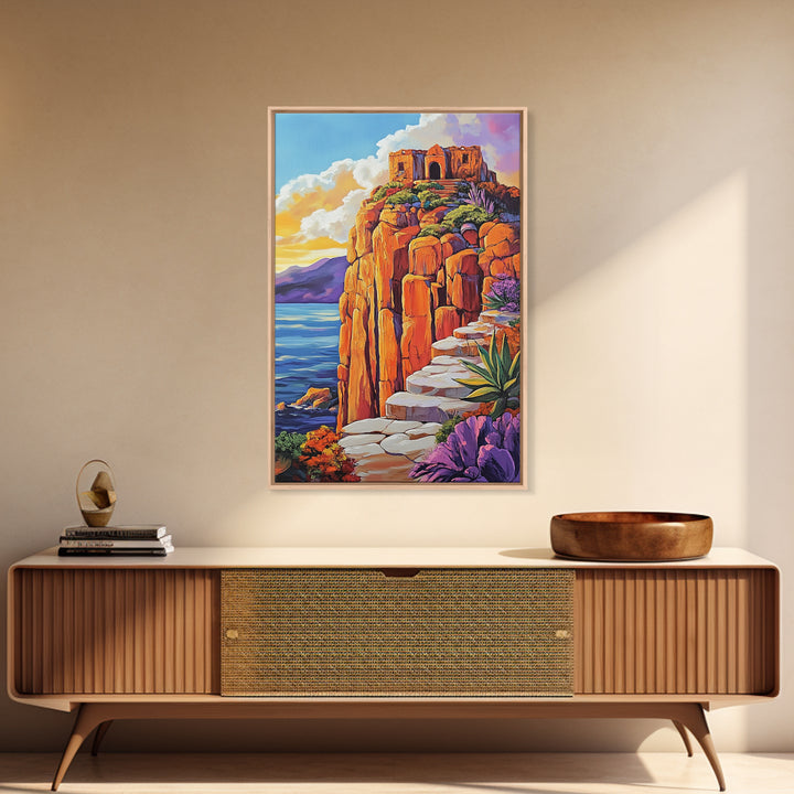 Cliffside Ruins, Ocean, Sunset Ancient Fortress Art, Framed Canvas Print, Dramatic Living Room Wall Decor, Southwest Adventure Style