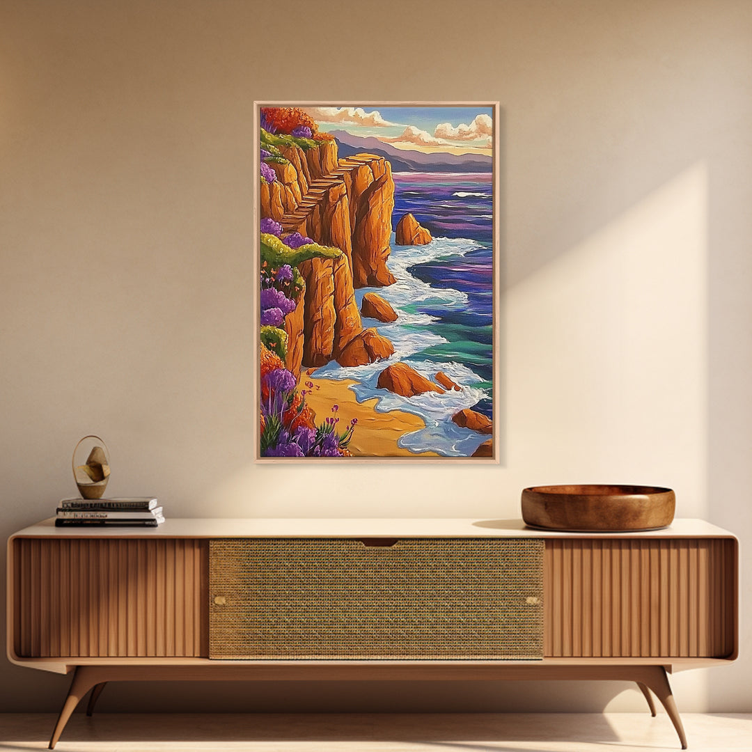 Ocean Cliffside, Path, Sunset, Canvas Print scenic ocean stairs artwork, coastal nature landscape print, Bedroom Wall Art, boho art
