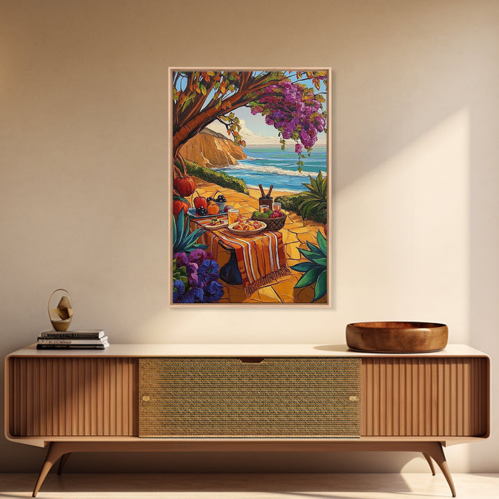 Picnic Beach, Fall Ocean, Framed Canvas Print cozy coastal picnic painting, fall harvest beachside art, Dining Room Wall Art, rustic art