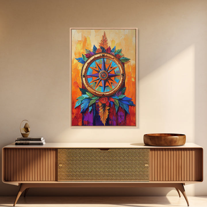 Compass, Rustic, Floral, Wall, Framed Canvas Print, Boho compass rose art with flowers, ideal bohemian home decor or entryway statement art