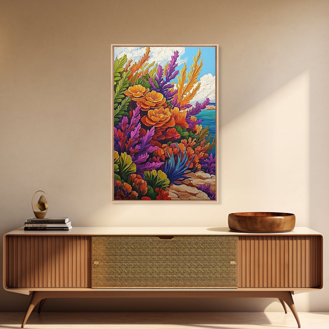 Coastal, Botanical, Garden, Flowers, Framed Canvas Print, Bright coastal flowers with ocean view, ideal summer vibe bathroom or patio wall art