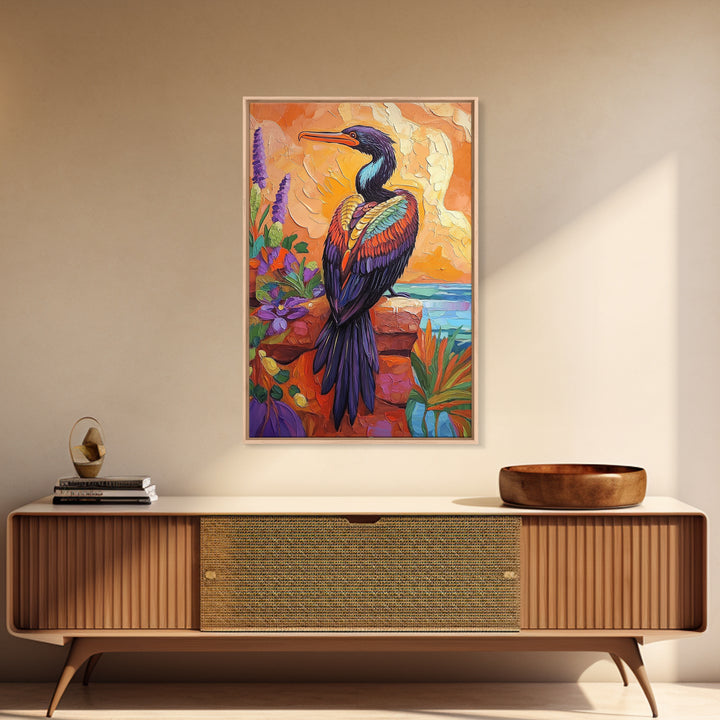 Bird, Tropical, Nature, Colorful, Framed Canvas Print, Exotic bird painting with vivid feathers, ideal eclectic living room wall art