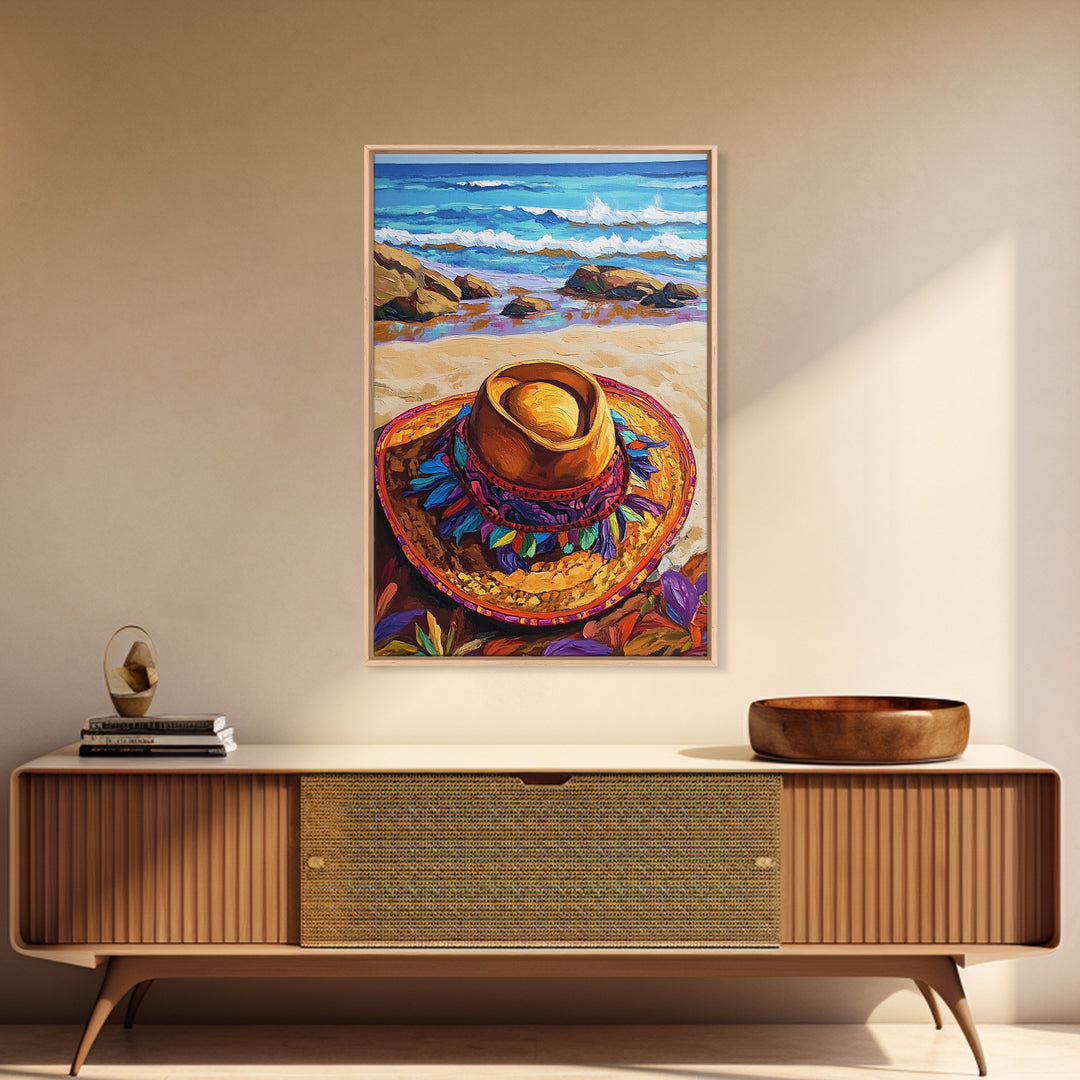 Beach, Hat, Summer, Coastal, Canvas Print, Summer beach scene with festive sombrero, great coastal kitchen or vacation home wall art