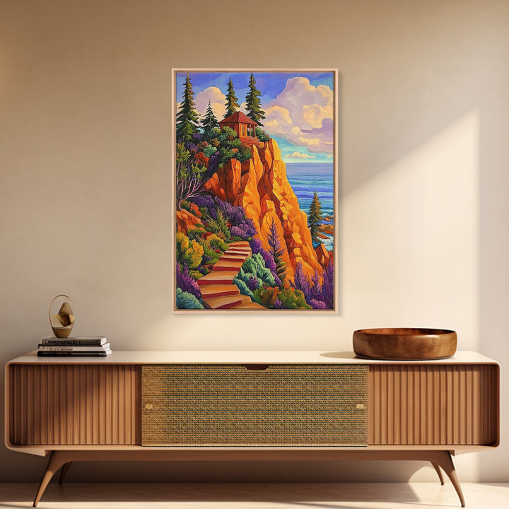 Cliff Cabin, Ocean, Trees, Framed Canvas Print, Seaside cabin on cliff with vivid trees and ocean view, rustic fall living room wall art