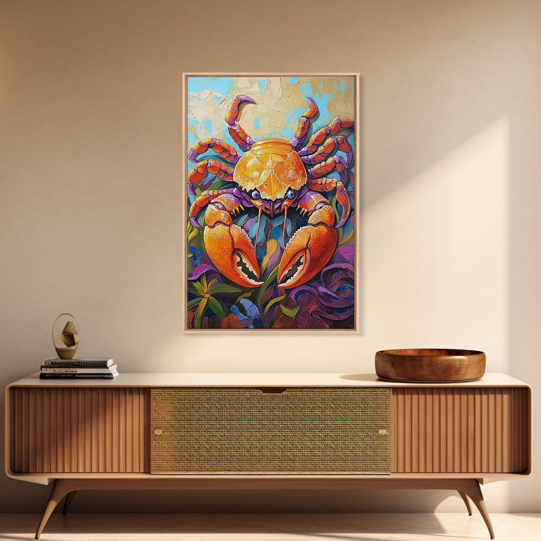 Crab Ocean, Bold, Seafood, Framed Canvas Print, Colorful crab painting with vivid detail, fun nautical art, beach kitchen decor