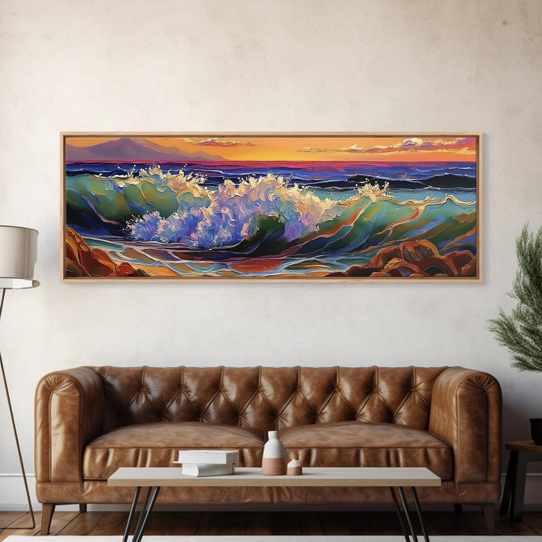 Breaking Wave, Seascape Sunset, Surf Art, Tranquil Ocean, Framed Canvas Print, Beach House Wall Art, Coastal Living Decor, Nature Scene