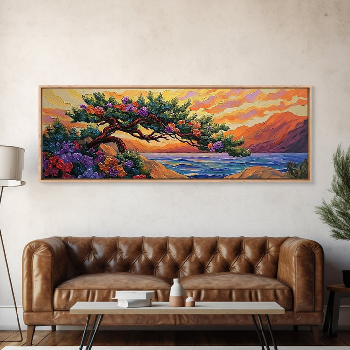 Coastal Tree, Sunset Glow, Flowering Branches, Ocean Horizon, Canvas Print, Bedroom Wall Art, Tranquil Nature Scene, Vibrant Landscape