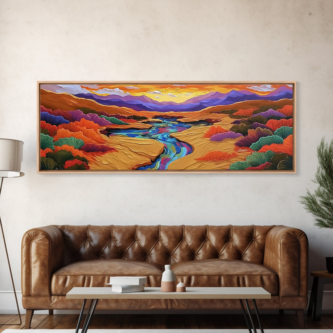 Desert River Sunset, Bold Nature Painting, Vibrant Landscape, Fall Wall Decor, Earthy Living Room Framed Canvas Print, Beach House Wall Art