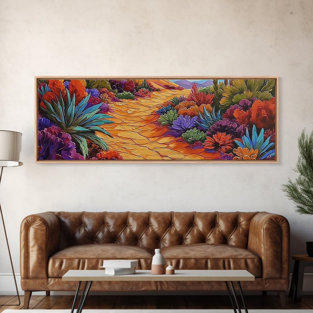 Desert Pathway, Wildflower Trail, Vibrant Colors, Boho Landscape, Framed Canvas Print, Entryway Wall Art, Boho Living Room