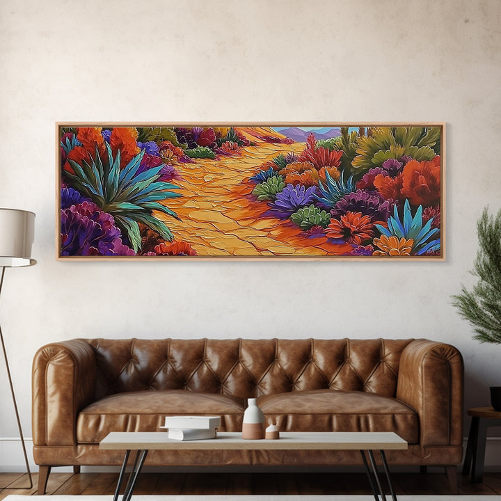 Desert Pathway, Wildflower Trail, Vibrant Colors, Boho Landscape, Framed Canvas Print, Entryway Wall Art, Boho Living Room