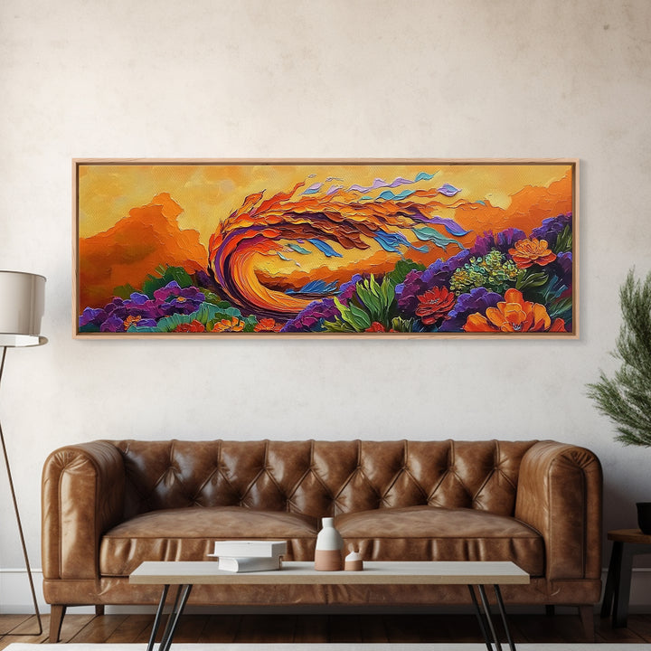 Abstract Wave, Fiery Floral Splash, Boho Landscape Art, Framed Canvas Print, Bold Living Room Statement Wall Decor