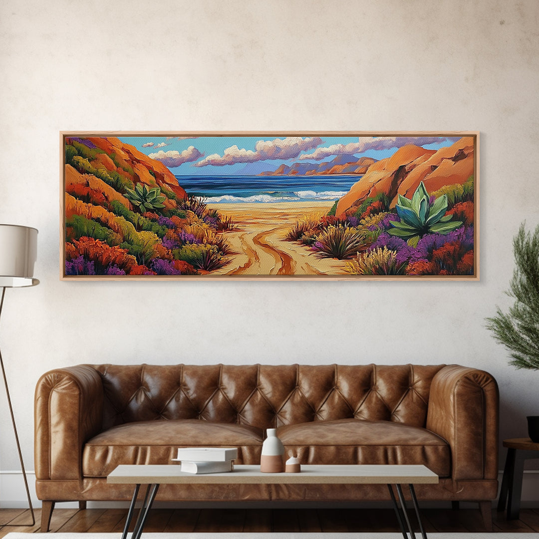 Desert Path, Beach Escape, Vibrant Nature, Scenic View, Framed Canvas Print, landscape painting, hallway art, sunset wall decor