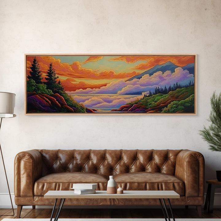 Cloudy Mountains, Sunset Glow, Forest Horizon, Tranquil Vibes, Framed Canvas Print, peaceful landscape, bedroom wall art