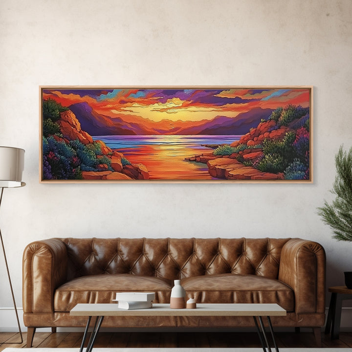 Rocky Sunset, Tranquil Cove, Mountain Glow, Ocean Calm, Framed Canvas Print, vivid sunset art, nature escape, living room decor