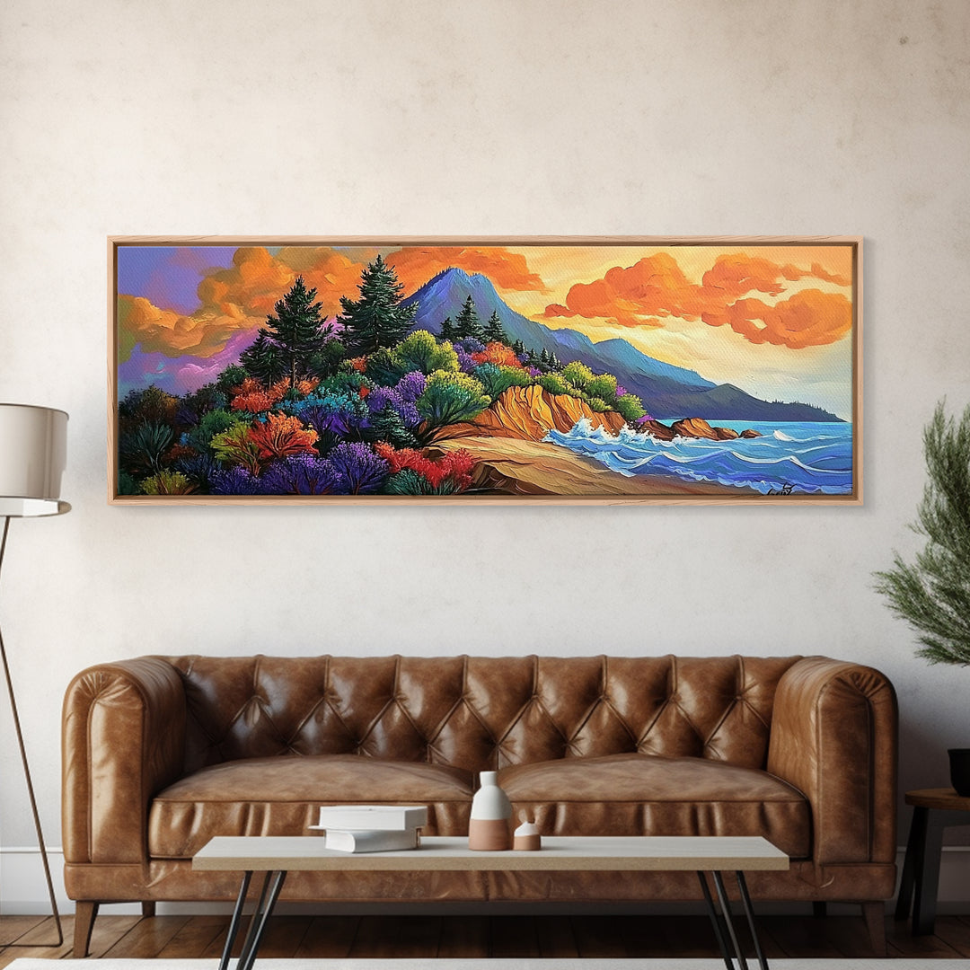 Coastal Forest, Sunset Beach, Lush Pines, Mountain Glow, Framed Canvas Print, outdoor art, nature landscape, hallway decor