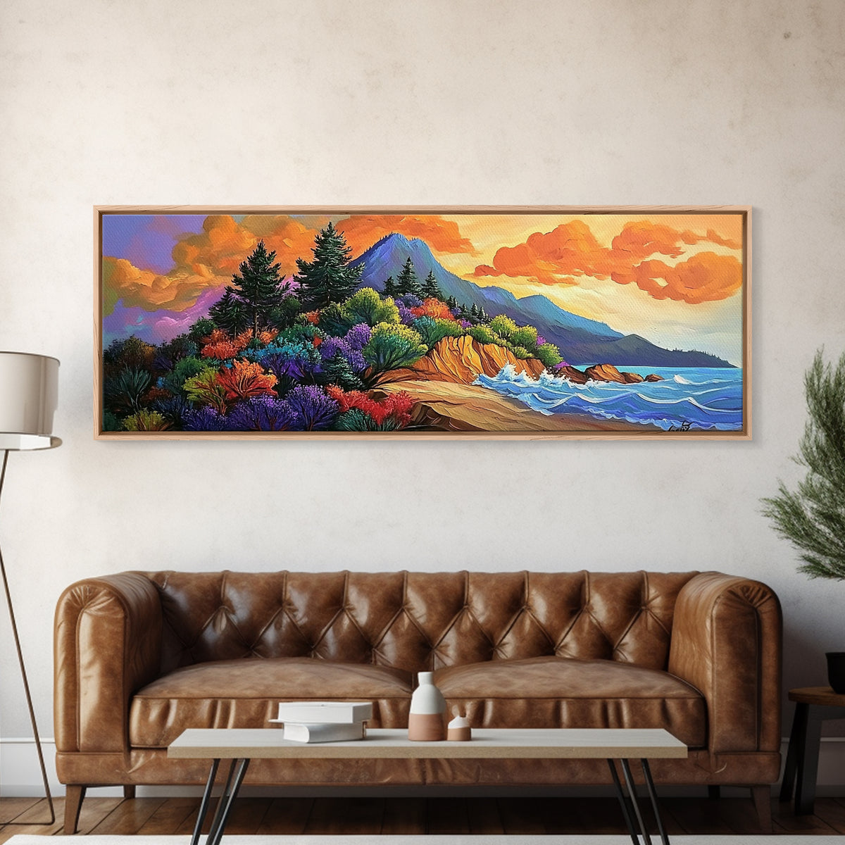 Coastal Forest, Sunset Beach, Lush Pines, Mountain Glow, Framed Canvas Print, outdoor art, nature landscape, hallway decor