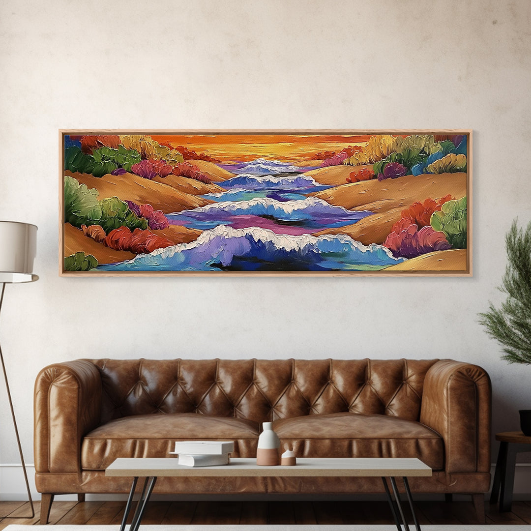 Rolling Waves, Ocean Energy, Sunset Coastline, Canvas Print, coastal living room decor, vivid surf art, bold beach vibe painting