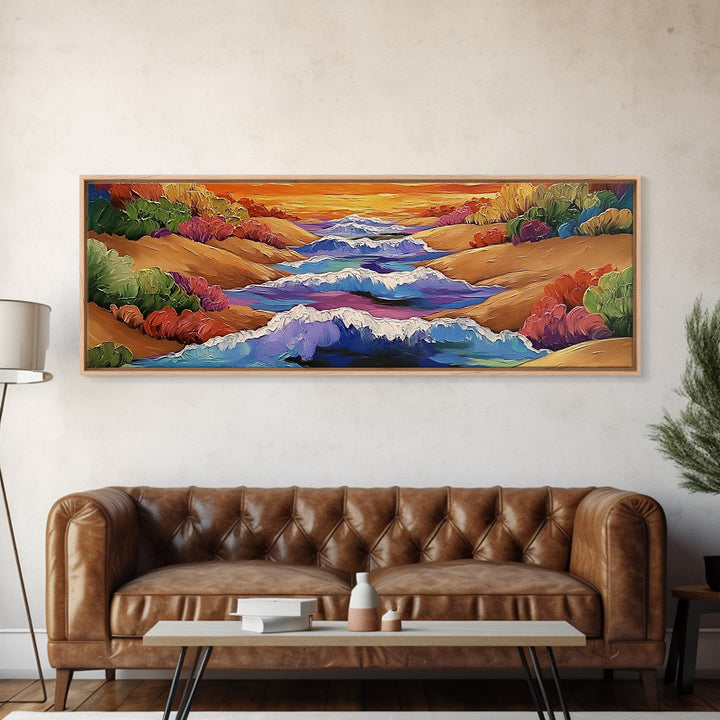 Rolling Waves, Ocean Energy, Sunset Coastline, Canvas Print, coastal living room decor, vivid surf art, bold beach vibe painting