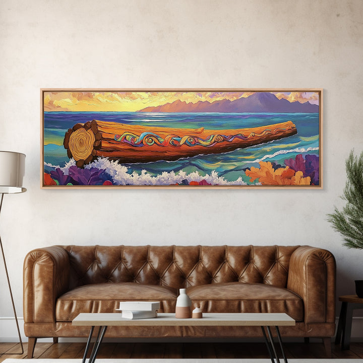 Ocean Driftwood Painting, Coastal Log Art, Vibrant Nautical Wall Scene, Framed Canvas Print, Beach House Decor, Living Room Art
