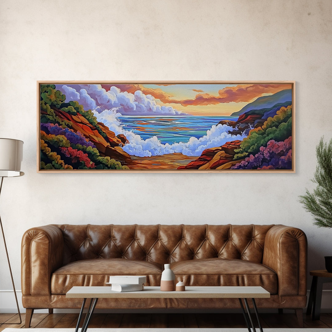 Crashing Waves Painting, Rocky Shoreline View, Sunset Coastal Landscape, Framed Canvas Print, Nautical Art, Living Room Decor