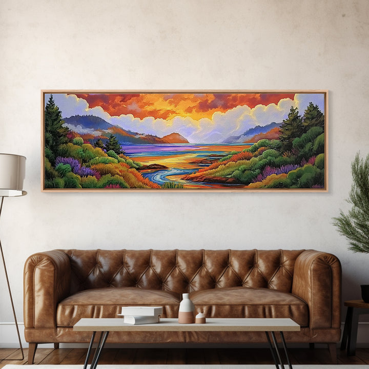 Sunset Lake Scene, Mountain View Art, Tranquil Waterscape Landscape, Framed Canvas Print, Nature Office Decor, Living Room Art