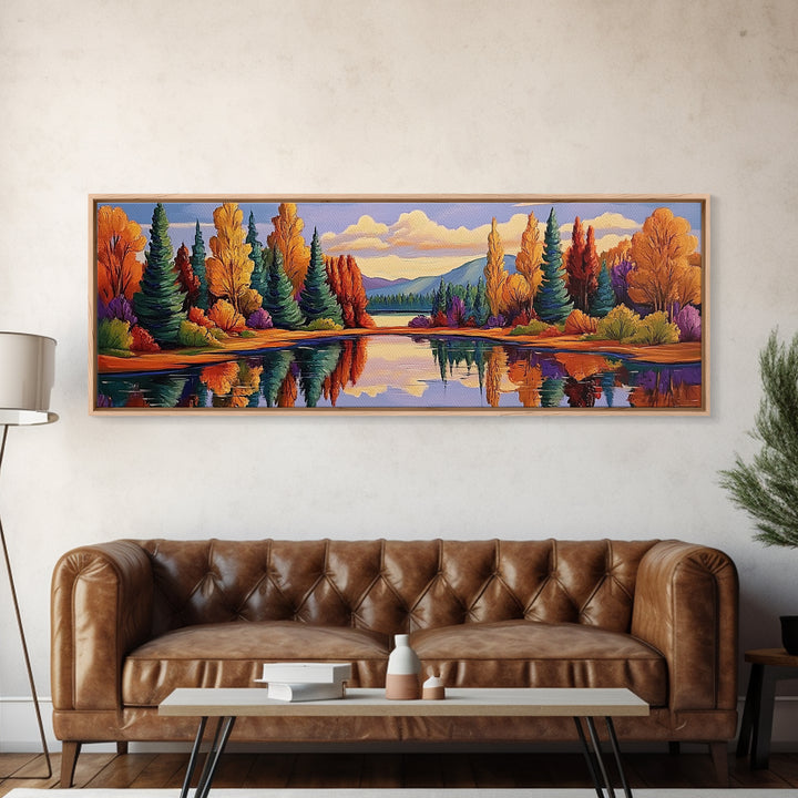 Autumn Reflections Painting, Lakeside Forest Landscape, Fall Color Trees, Framed Canvas Print, Cabin Wall Art, Cozy Living Room