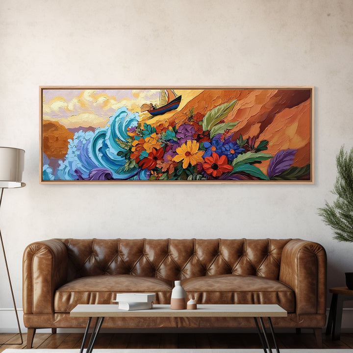 Wave and Flowers Painting, Sailboat Seaside Scene, Bold Floral Coastline Art, Framed Canvas Print, Bathroom Wall Art, Eclectic Art