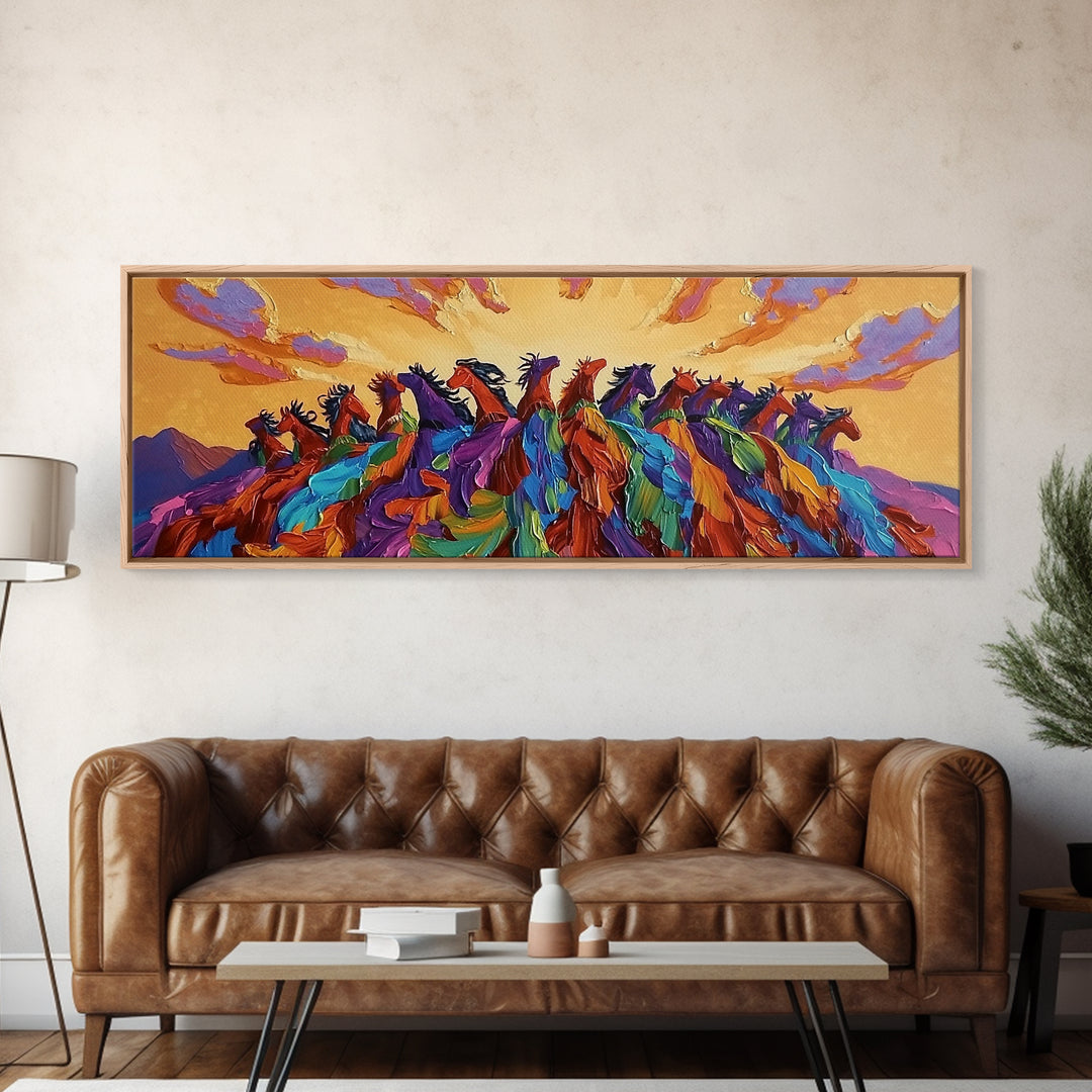 Running Wild Horses, Abstract Herd Scene, Sunset Equine Painting, Framed Canvas Print, Western Bedroom Wall Art, Living Room Decor