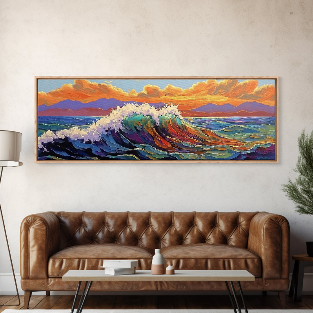 Ocean Wave Sunset, Vibrant Seascape Painting, Tropical Horizon Scene, Framed Canvas Print, Coastal Wall Art, Nautical Decor