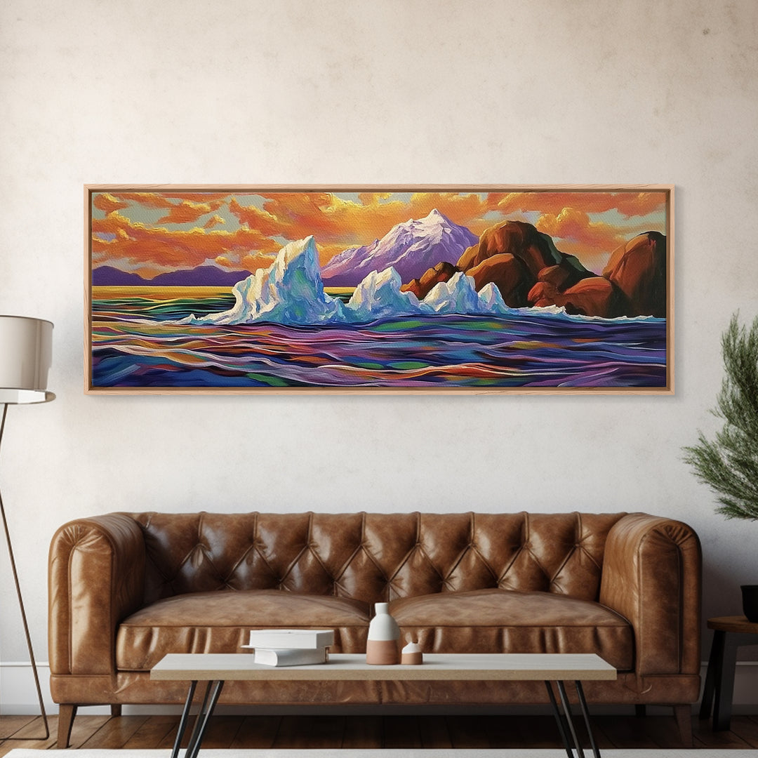 Iceberg Ocean Scene, Arctic Sunset Painting, Majestic Ice Waterscape, Framed Canvas Print, Coastal Wall Art, Winter Home Decor