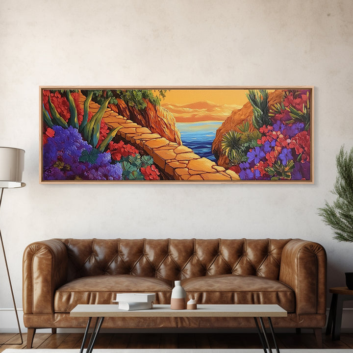 Desert Path, Floral Trail, Mountain View, Framed Canvas Print, Southwestern Wall Art, Nature Inspired Art, Boho Vibe, Living Room Decor