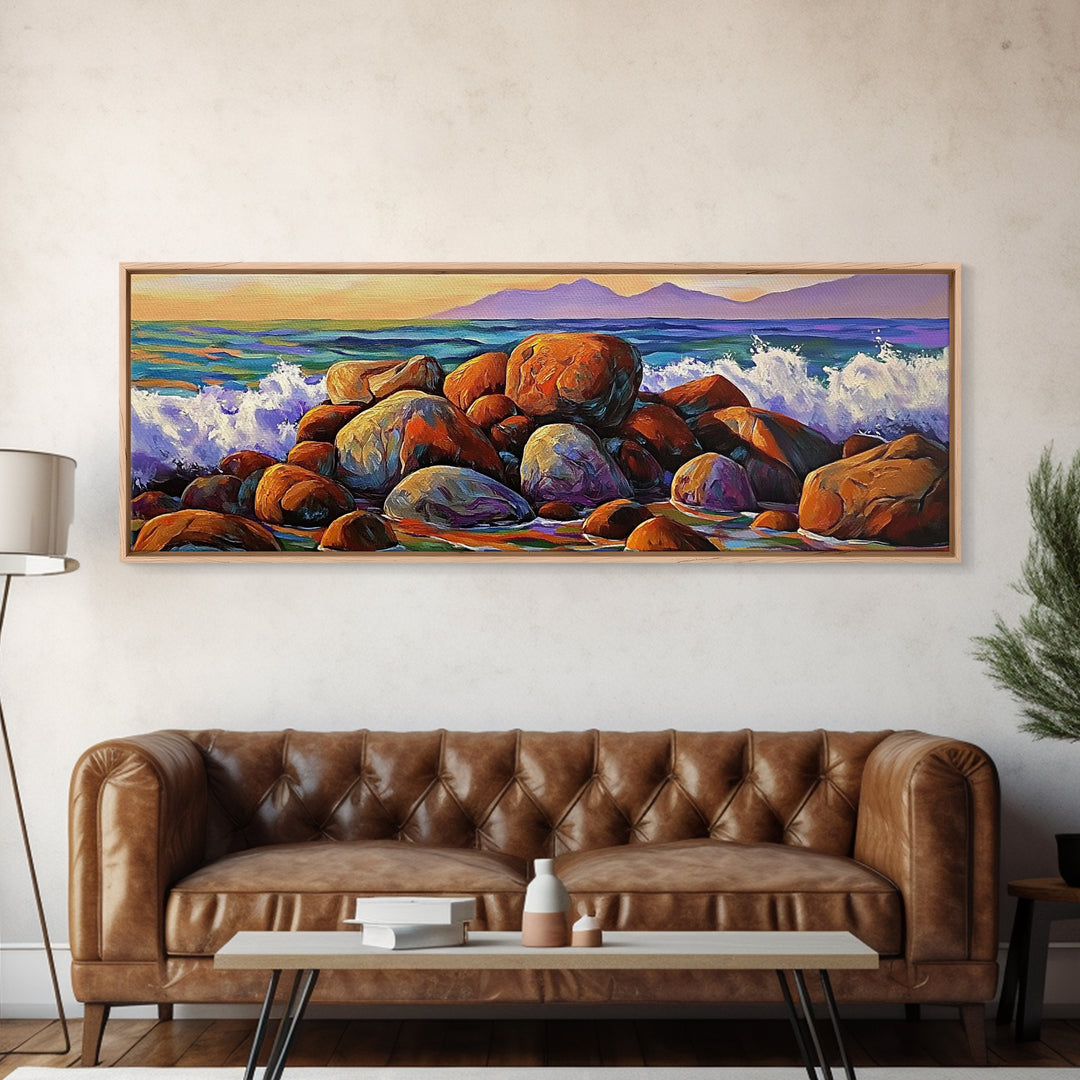 Coastal Boulders, Wave Crash, Ocean Energy, Framed Canvas Print, Beach House Wall Art, Seascape Painting, Coastal Decor, Nature Vibes