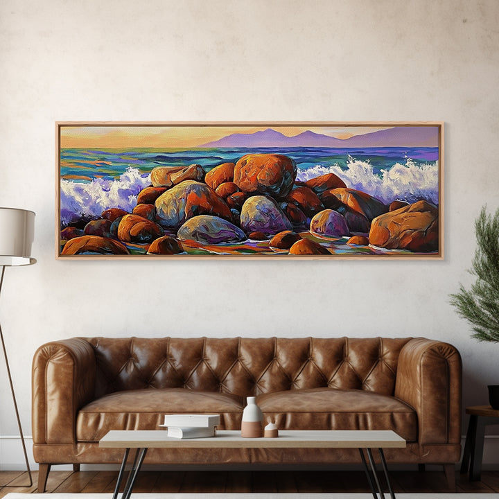 Coastal Boulders, Wave Crash, Ocean Energy, Framed Canvas Print, Beach House Wall Art, Seascape Painting, Coastal Decor, Nature Vibes