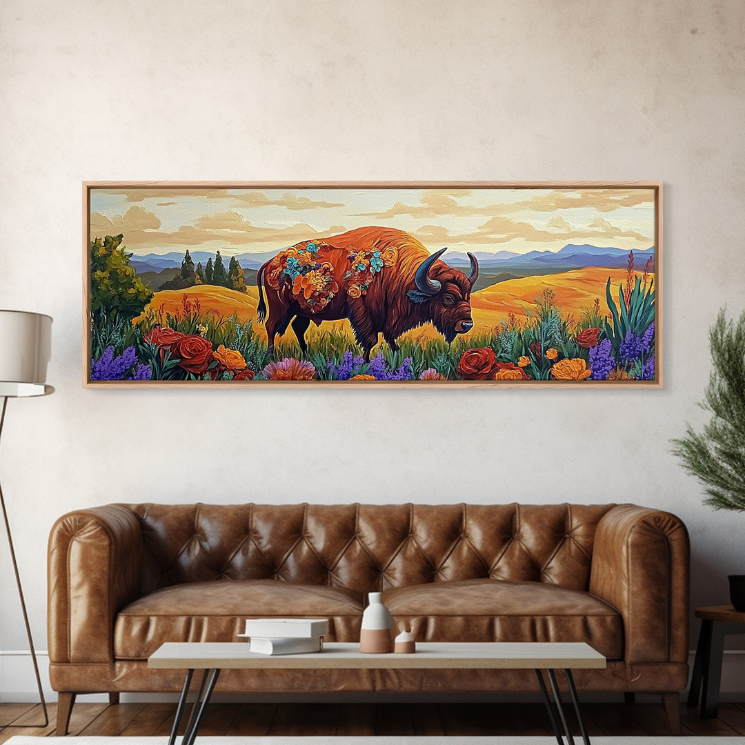 Bison Meadow, Wildflowers, Prairie Soul, Framed Canvas Print, Fall Wall Art, Western Decor, Rustic Living Room Art, Nature Art