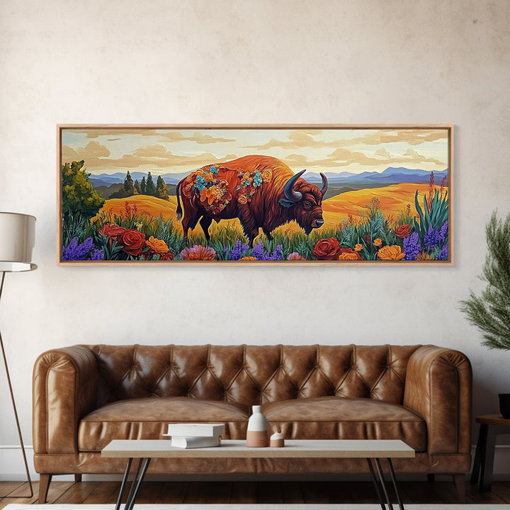 Bison Meadow, Wildflowers, Prairie Soul, Framed Canvas Print, Fall Wall Art, Western Decor, Rustic Living Room Art, Nature Art