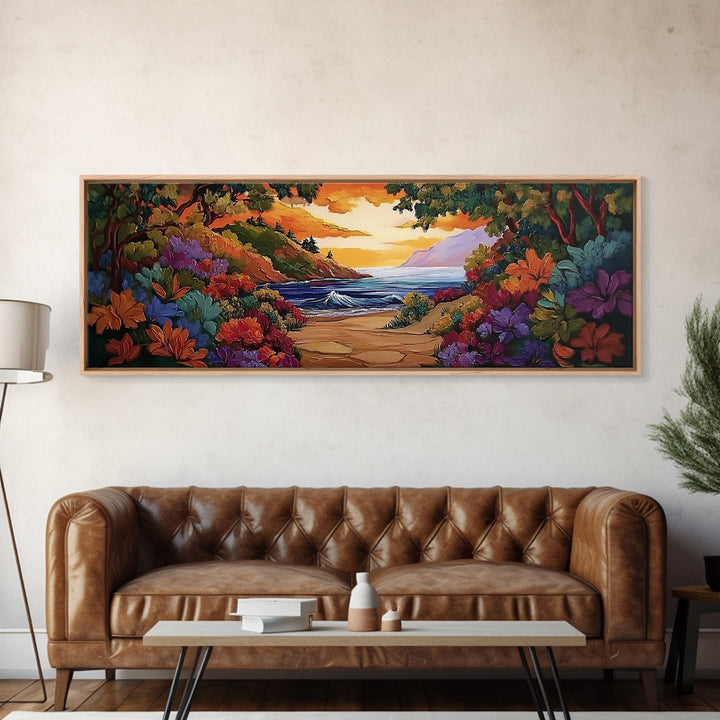 Beach View, Sunset Flowers, Coastal Path, Summer Decor, Framed Canvas Print, Bedroom Wall Art, Bright Floral Landscape Art