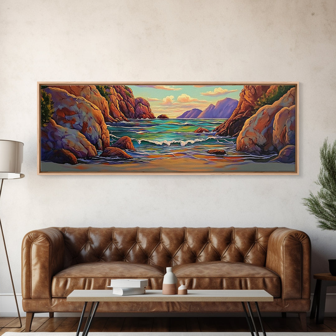 Rocky Cove, Sunset Ocean, Wave Art, Coastal View, Framed Canvas Print, Bathroom Wall Art, Earth Tones, Seascape Canvas Decor